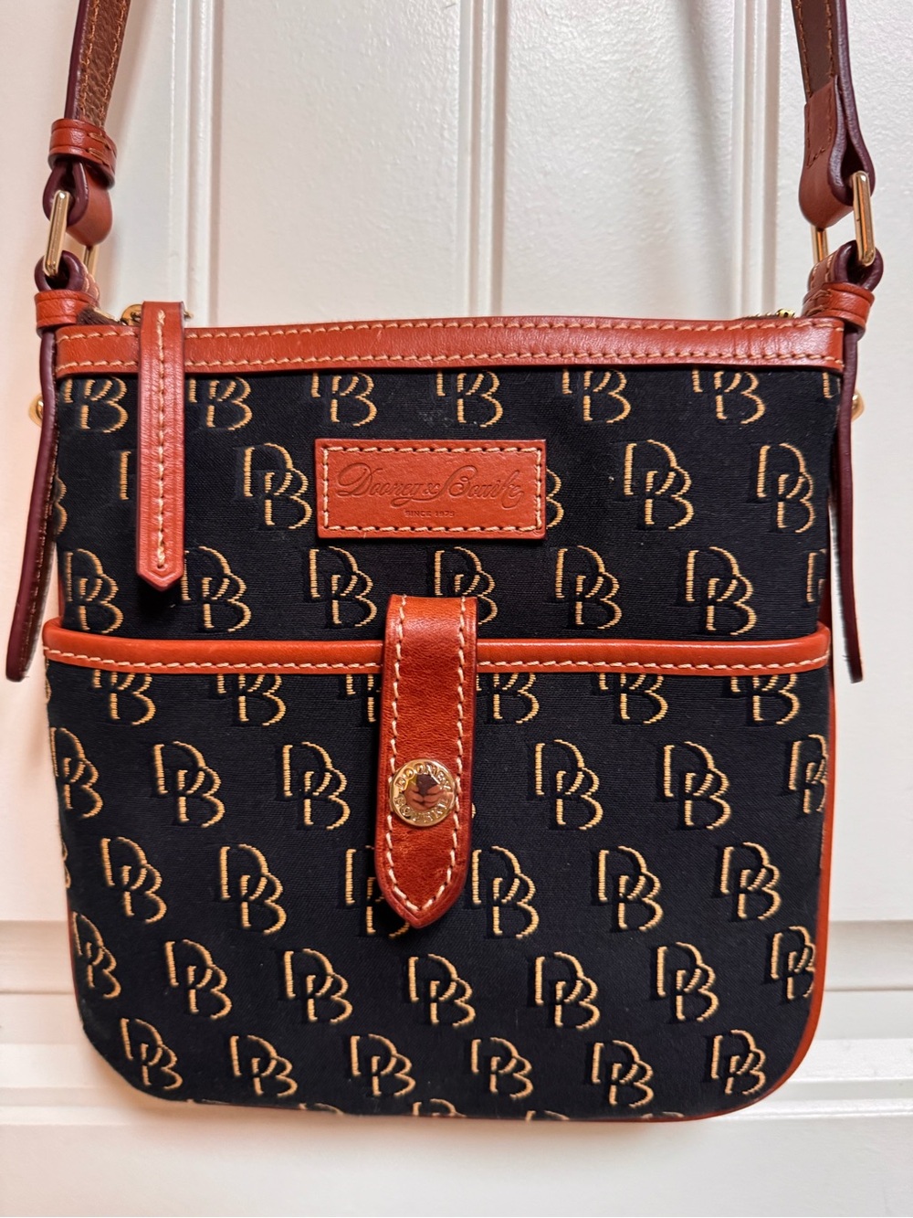 Dooney & Bourke Signature DB Monogram Carrier Canvas Crossbody Leather Trim Bag